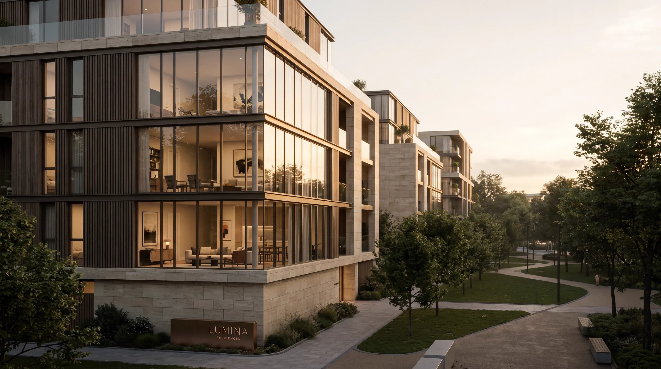 Lumina Residences exterior facade, viewed from the landscaped courtyard