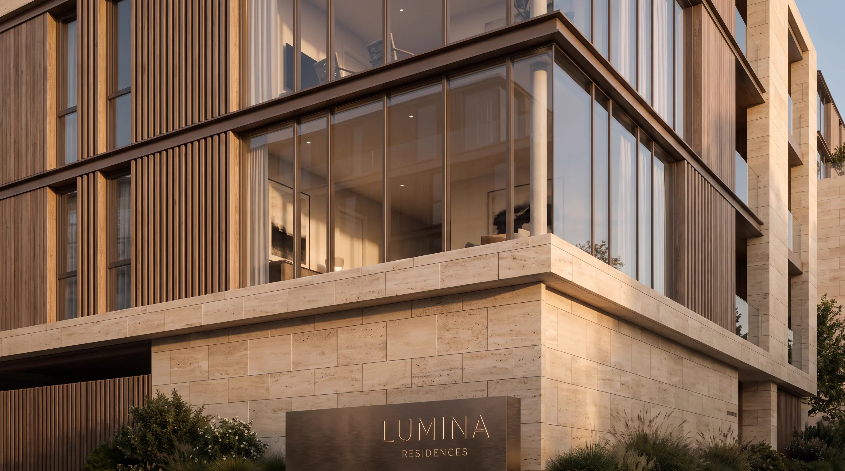 Lumina Residences exterior at dusk, glass and stone facade detail