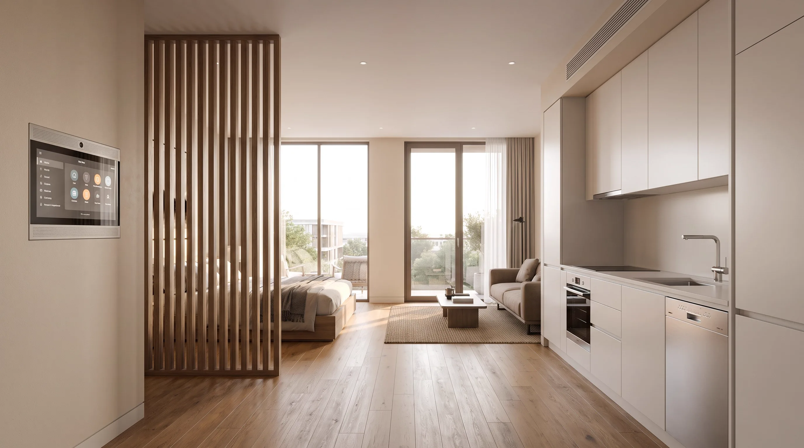 Studio residence with a custom slatted room-divider, open-plan kitchen and living area, and an in-wall smart home panel