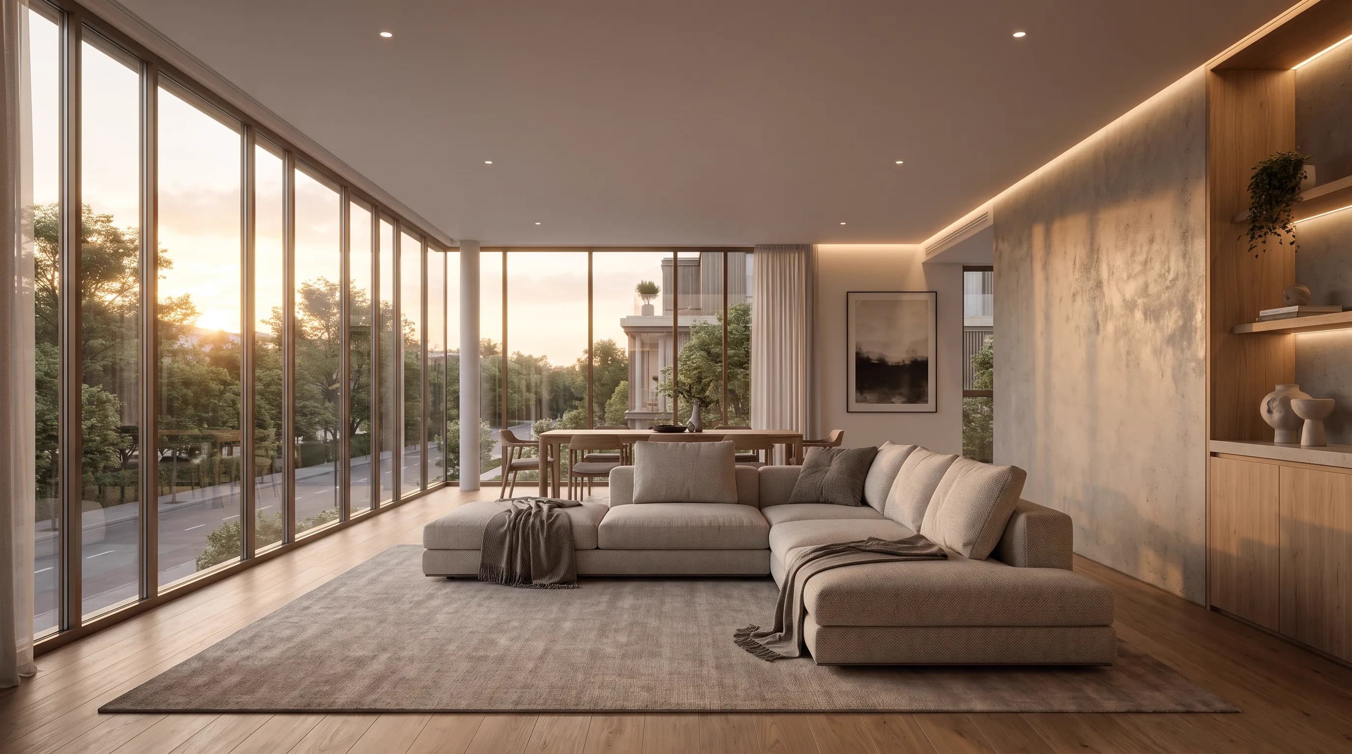 Residence living area with floor-to-ceiling windows and warm oak flooring