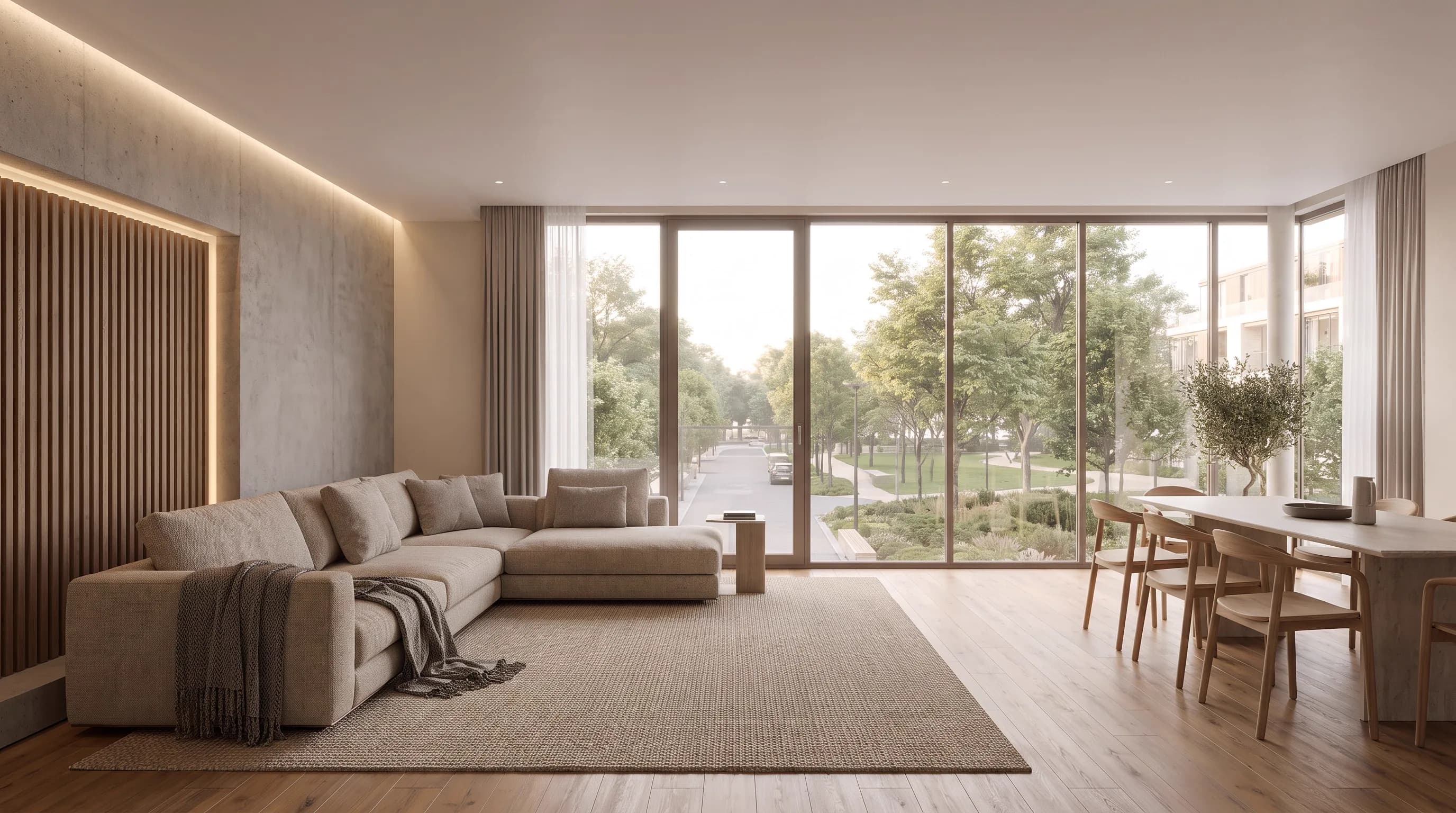 Residence living and dining area with a sectional sofa and garden views